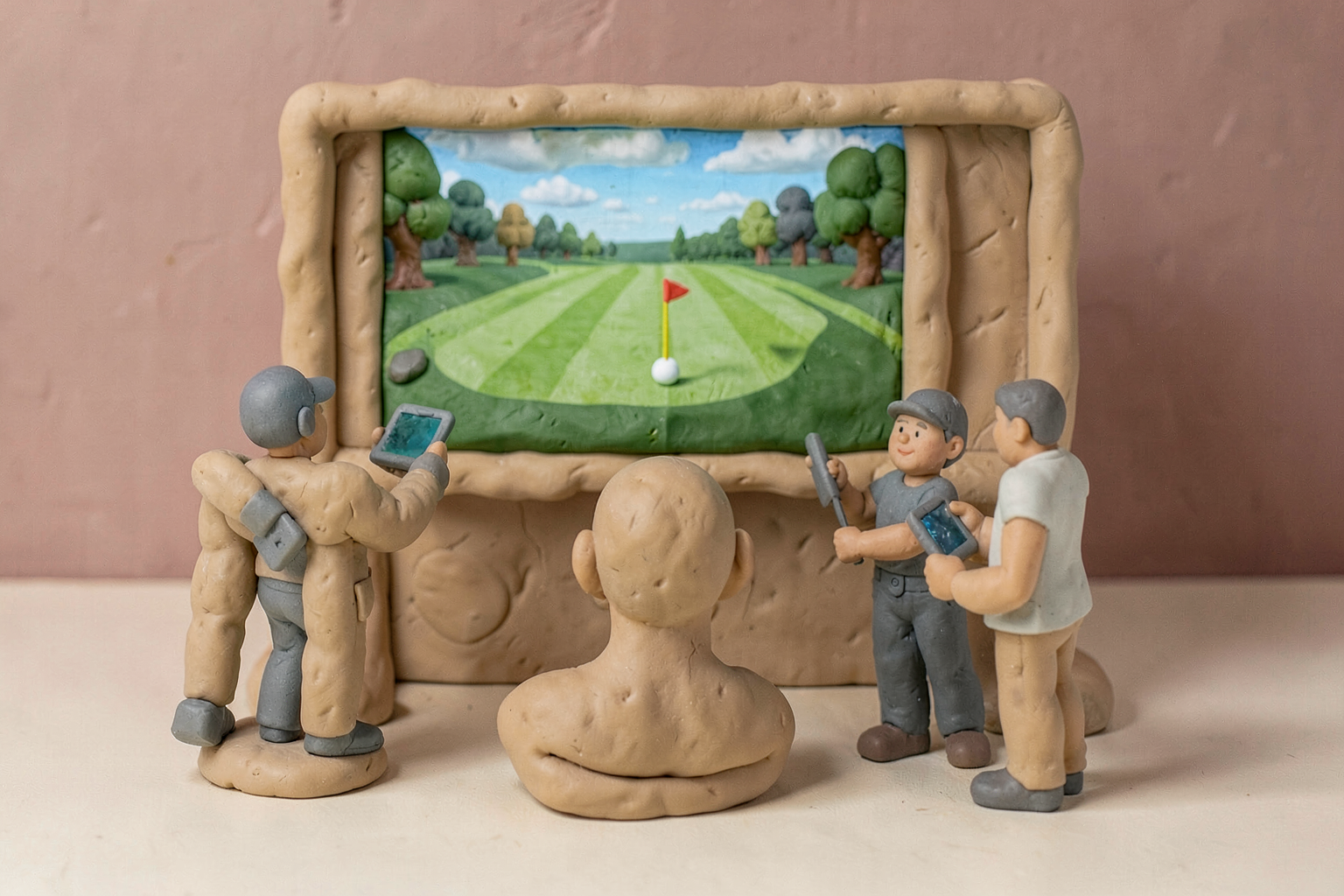 Clay-diorama editorial illustration related to Hybrid Golf System And Method For Automatic Scoring Using User’S Mobile Terminal In The Same.
