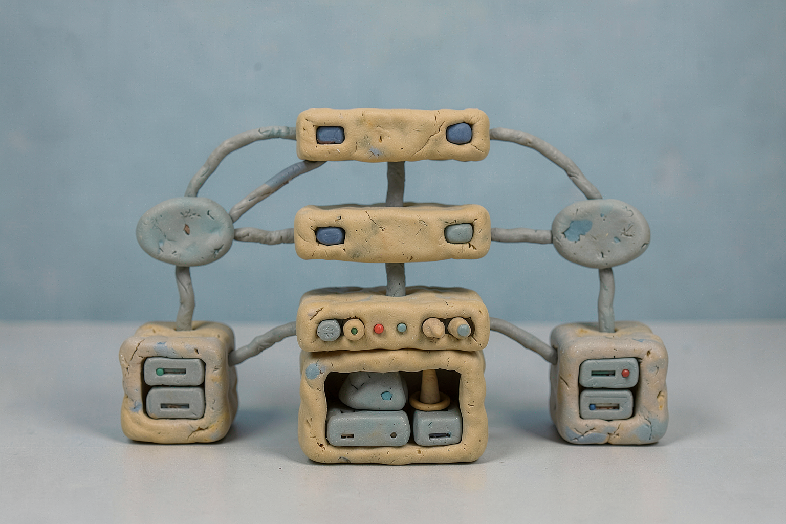 Clay-diorama editorial illustration related to Game System, Method For Distributed Data Processing, And Program For Distributed Data Processing.